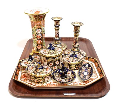 Lot 22 - Spode Imari decorated vase, Wedgwood trinket tray, pair of Royal Crown Derby candlesticks, and...