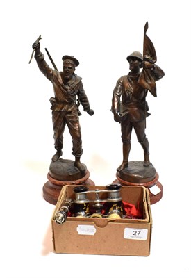 Lot 27 - A pair of spelter figures after Ferrand and two sets of opera glasses