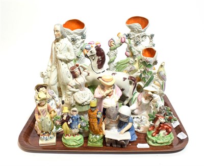 Lot 30 - Collection of 19th century Staffordshire and other figures, including a pair of lion, lioness...