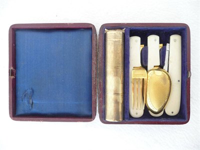 Lot 929 - A Gilt Metal and Ivory Mounted Travelling Cutlery and Condiment Set, late 19th century,...