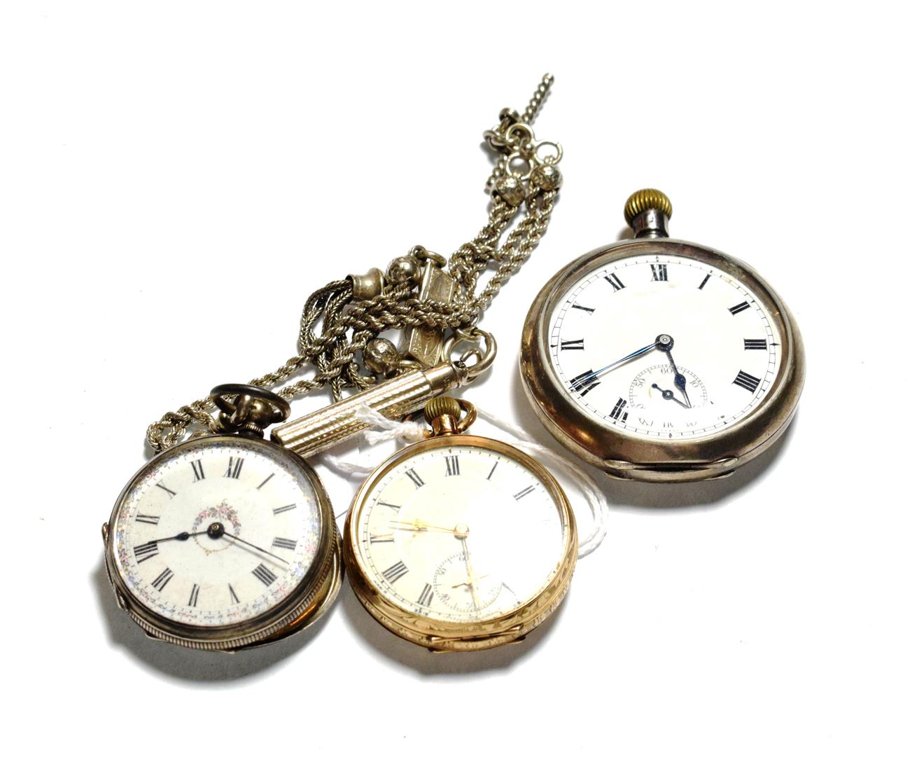 Lot 45 - A lady's fob watch, case stamped 14k, lady's fob watch with attached fancy link chain case...