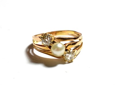 Lot 54 - A three stone cultured pearl and diamond ring, finger size J1/2