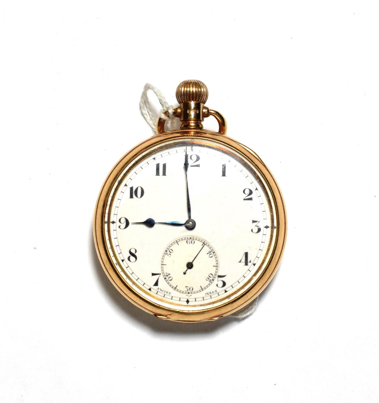 Lot 69 - A 9 carat gold gentleman's open faced pocket watch, stamped, white enamel Arabic dial with...