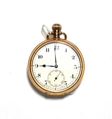Lot 69 - A 9 carat gold gentleman's open faced pocket watch, stamped, white enamel Arabic dial with...