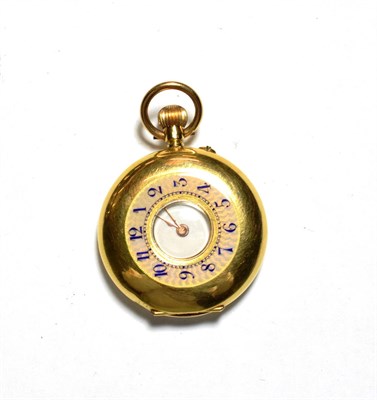 Lot 72 - A lady's half hunter fob watch, white enamel Roman dial, case stamped 18k