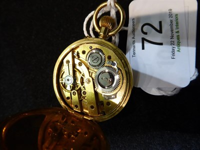 Lot 72 - A lady's half hunter fob watch, white enamel Roman dial, case stamped 18k