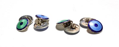 Lot 77 - Two pairs of silver and enamel cufflinks, by Philip Kydd, Birmingham, 2011, both pairs...