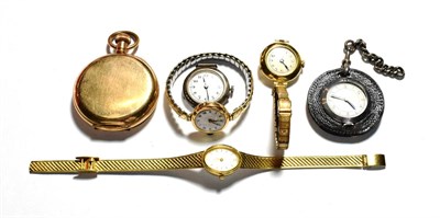 Lot 81 - Two gold cased ladies wristwatches; a gold plated pocket watch; and three others