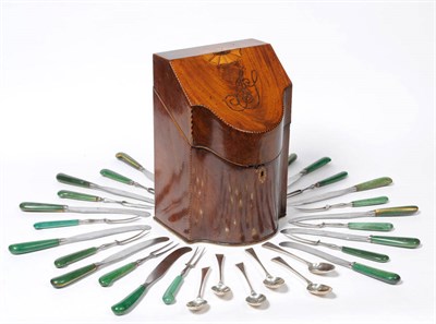 Lot 933 - A George III Mahogany Knife Box, of serpentine form, the hinged top inlaid with a fan paterae and a