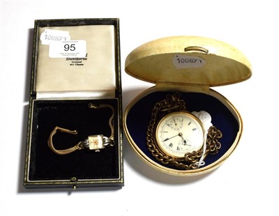 Lot 95 - A Dennison 14 carat gold plated chronograph pocket watch on chain; together with a Morado...