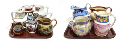 Lot 101 - Collection of 19th century pottery jugs including Sunderland lustre, Spode, stoneware and other...