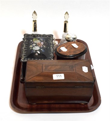 Lot 111 - Regency mahogany sarcophagus form tea caddy; a Victorian black lacquered and mother-of-pearl papier