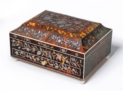 Lot 937 - A Victorian Tortoiseshell and Mother-of-Pearl Workbox, of rectangular form, the caddy top...