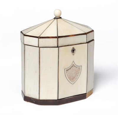 Lot 938 - A George III Ivory and Tortoiseshell Banded Tea Caddy, of elongated decagonal form with ball...