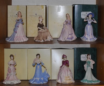 Lot 143 - A collection of eight modern Coalport ladies, 'Age of Elegance', matt, boxed (two shelves)