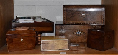 Lot 144 - A Victorian mahogany writing slope; Victorian jewellery box; a 19th century desk stand; a...