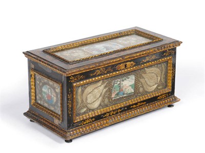 Lot 939 - A Continental Lacquered Casket and Hinged Cover, 18th century, printed and painted within religious