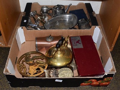 Lot 151 - A collection of silver plate, flatware, brass etc (two boxes)