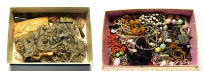 Lot 184 - A quantity of costume jewellery including beaded jewellery, necklaces, brooches etc (in two boxes)