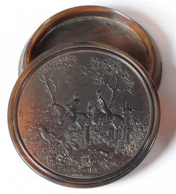 Lot 944 - A W Wilson Pressed Horn Circular Snuff Box, 19th century, the cover with a hunting scene titled...