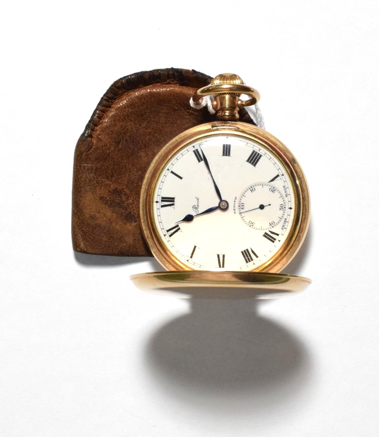 Lot 198 - Reid gold plated pocket watch with Zenith movement, Roman dial with subsidiary second dial