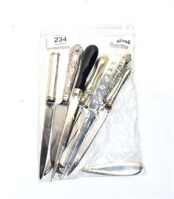 Lot 234 - Eight various Elizabeth II silver or silver-mounted paper-knives, five with filled handles and...