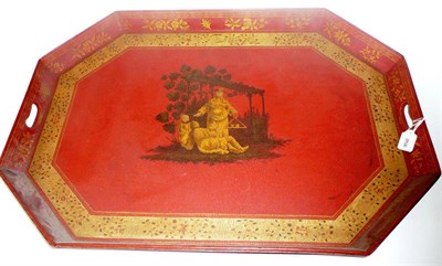 Lot 950 - An English Scarlet Lacquered and Chinoiserie Decorated Octagonal Tray, Dyson & Benson, London,...