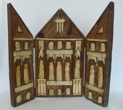 Lot 953 - A Softwood and Carved Bone Mounted Triptych, in Medieval style, probably French, Dieppe, late...