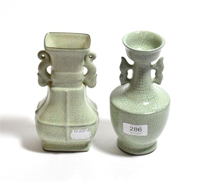Lot 286 - Two Chinese crackle glaze twin-handled vases, light green ground, both with seal marks, 18.5cm high