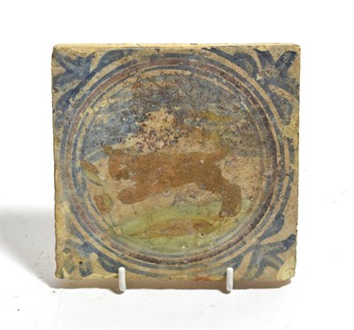 Lot 291 - An English or Dutch tile, 17th century, decorated with wild animals within circular border,...