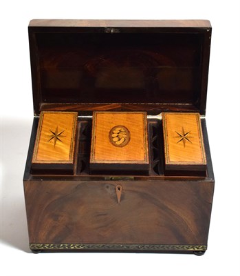 Lot 292 - George III mahogany tea caddy with three inlaid compartments, 25cm wide
