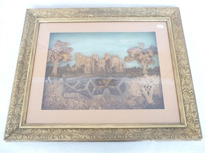 Lot 955 - A Late Victorian Cork Picture of  Hawarden Castle, shown between two trees with formal gardens...