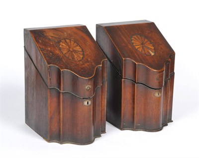 Lot 956 - A Pair of George III Mahogany Knife Boxes, of serpentine form, the sloping hinged covers with...