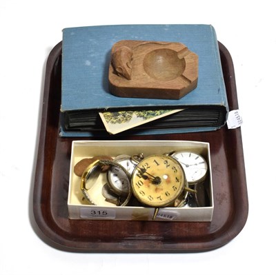 Lot 315 - Two pocket watches; a Mouseman ashtray; a postcard album; various coins and medals etc