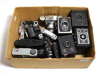 Lot 323 - Various camera related items including Olympus Pen-EE, Yashica MG1, Contax Cody Russian and...