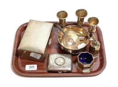 Lot 325 - Silver comprising a cigarette box, cigarette case, lighter, salt, pepperette, bowl, three liqueurs