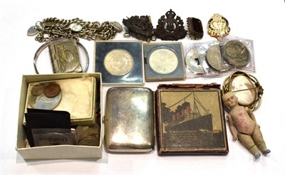Lot 360 - Assorted silver and collectables including coins and a Victorian cameo brooch and a boxed Lucitania