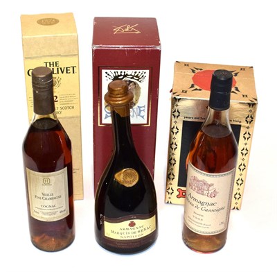Lot 362 - Two bottles of Armagnac, a bottle of Napoleon Cognac, a bottle of Brandy, Dimple 12 year old...