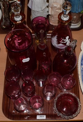 Lot 364 - A group of 19th century cranberry glass and a Mary Gregory style decanter etc