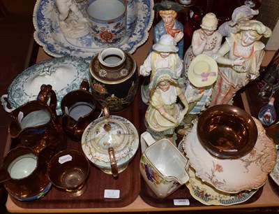 Lot 368 - A collection of ceramics including bisque figures, Sunderland lustre wares etc (two trays)