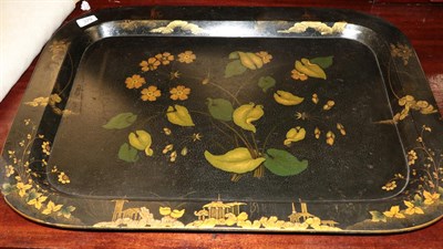 Lot 379 - A large Victorian lacquered tray decorated with leaves and chinoiserie motifs