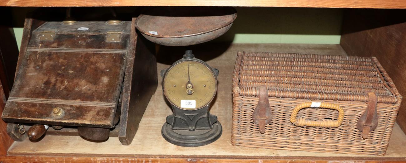 Lot 385 - A Victorian coal scuttle, various bygone tools and implements including shears a Salter set of...