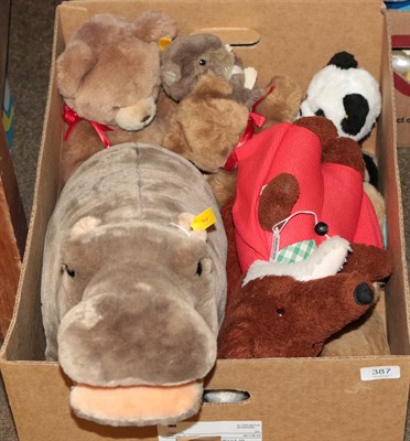 Lot 387 - A collection of modern Steiff soft toys including hippo; smaller version; four teddies;...