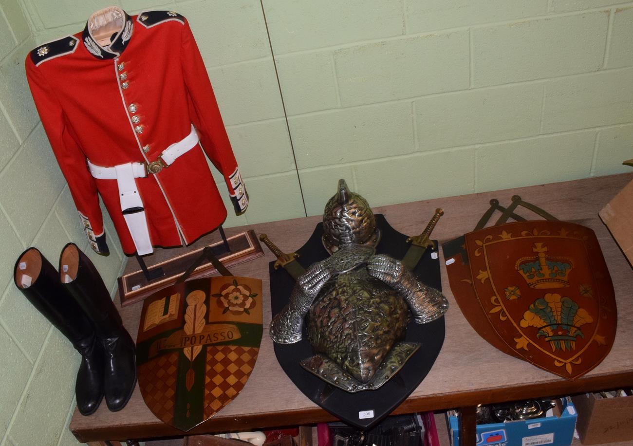 Lot 395 - Pair of leather boots, dress uniform, three modern shields, modern suit of armour on shield plaque