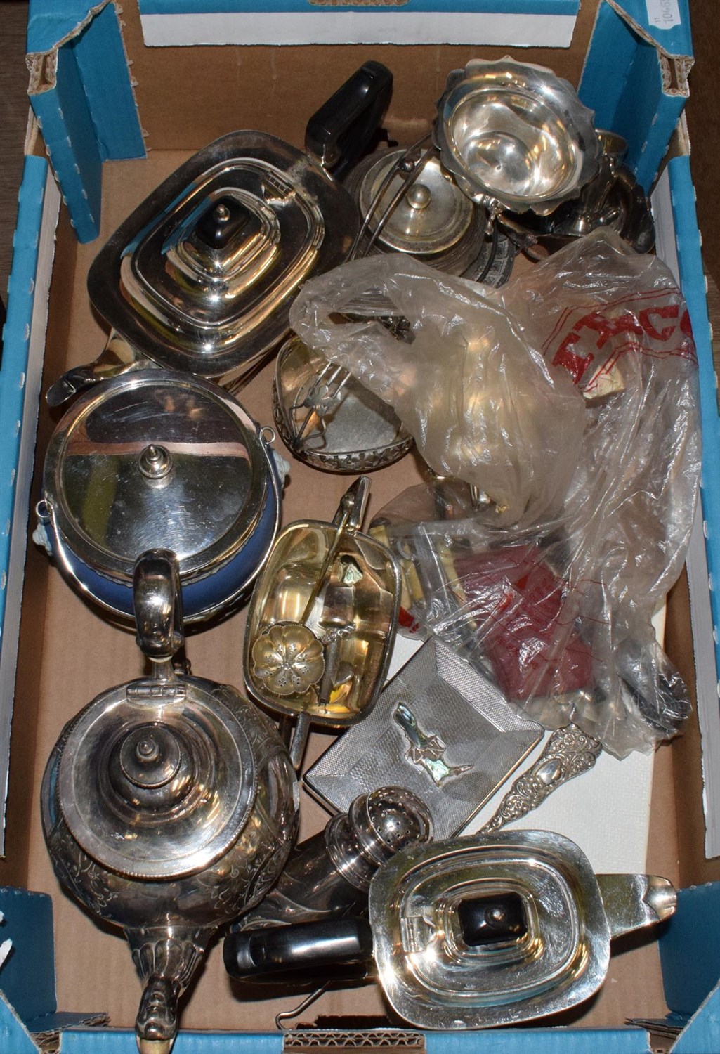 Lot 399 - A box of miscellaneous silver plate and EPNS wares including Wedgwood Jasperware biscuit...