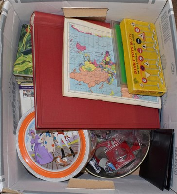 Lot 402 - Box assortment including Stamp Album, Coins, Brooke Bond Picture card books and loose stamps, Dinky