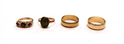 Lot 422 - Two 9 carat gold band rings, finger sizes S and R1/2; a moss agate ring, stamped '9CT', finger size