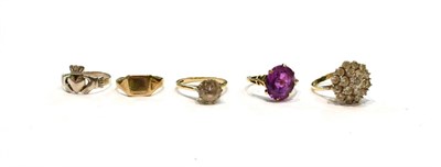 Lot 430 - A silver claddagh ring, finger size L1/2; a 9 carat gold signet ring, finger size J; and three...