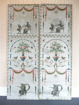 Lot 969 - Two Panels of Empire Period Wallpaper, probably French, painted with urns of flowers, birds,...