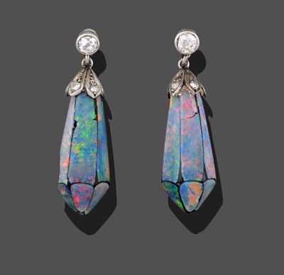 Lot 2010 - A Pair of Opal Doublet and Diamond Drop Earrings, the briolette opal doublet with a white cap...